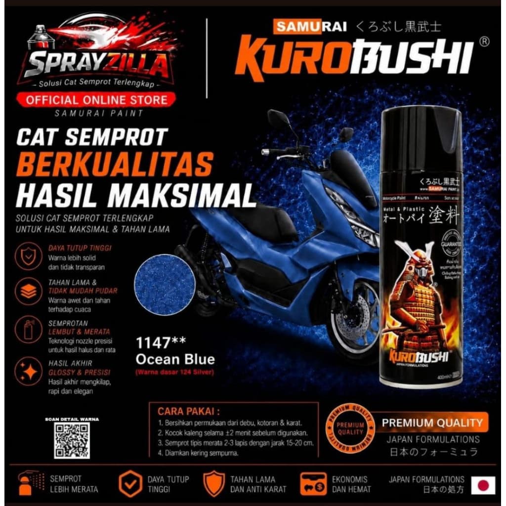 Samurai Paint Metallic Ocean Blue 1147 Metallic Biru #1147 Cat Aerosol Kualitas Kompresor
