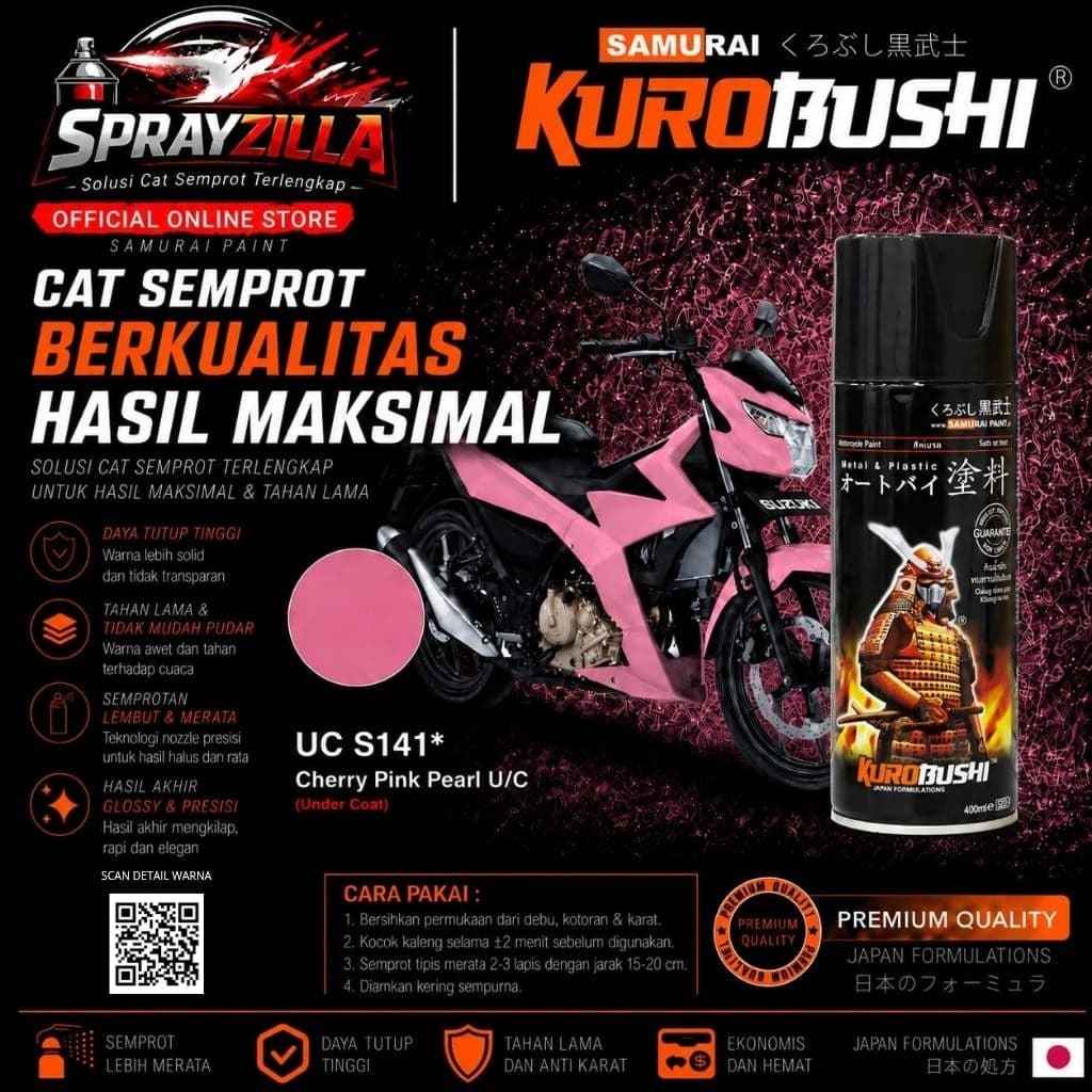 Samurai Paint 2 Coat System UC+TC S141 Cherry Pink Pearl Cat Aerosol Kualitas Kompresor