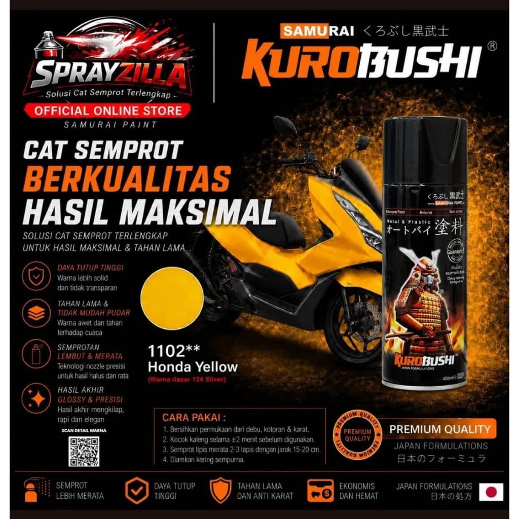 Samurai Paint Metallic Honda Yellow 1102 Metallic Kuning Honda #1102 Cat Aerosol Kualitas Kompresor