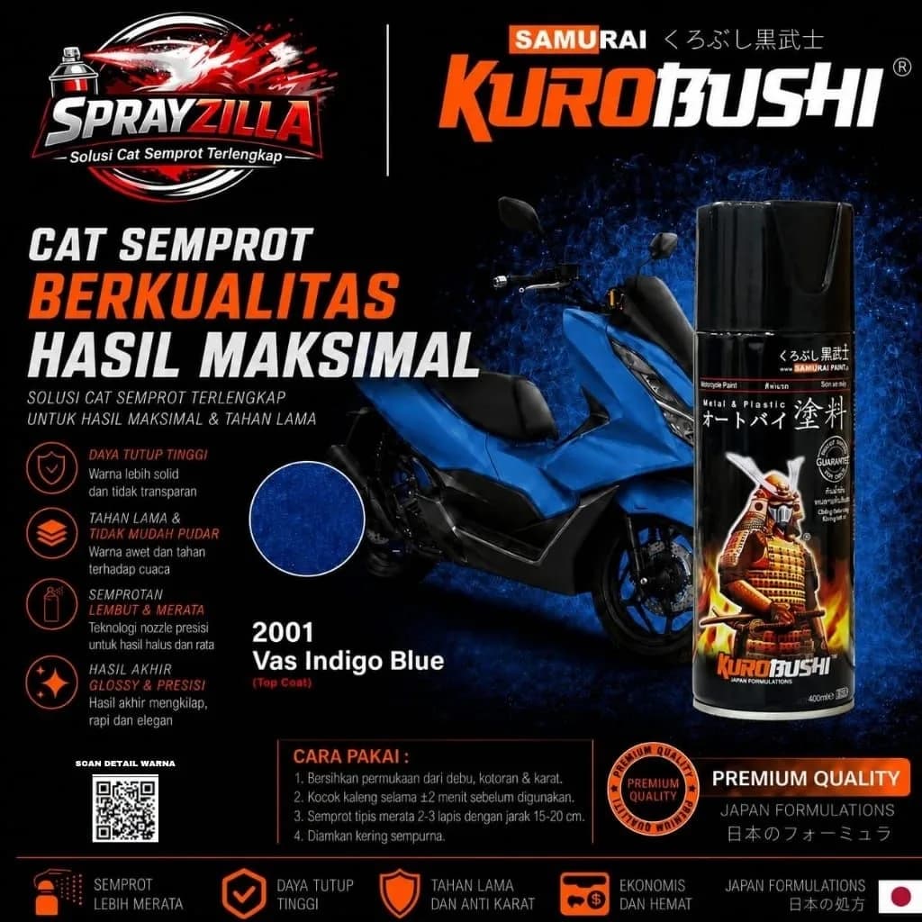 Samurai Paint Standard Ves Indigo Blue Ves Indigo Biru #2001 Cat Aerosol Kualitas Kompresor