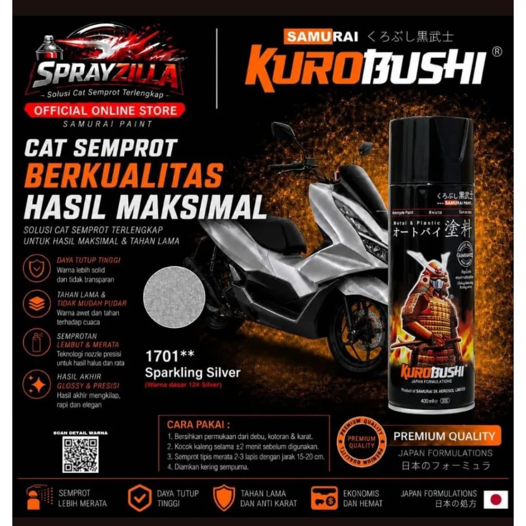 Samurai Paint Metallic Sparkling Silver 1701 Metallic Silver #1701 Cat Aerosol Kualitas Kompresor
