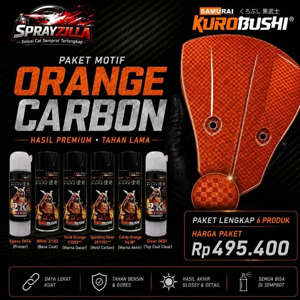 Paket Samurai Paint Kurobushi Orange Carbon 6 Kaleng | Cat Semprot Motor Motif Carbon Glossy
