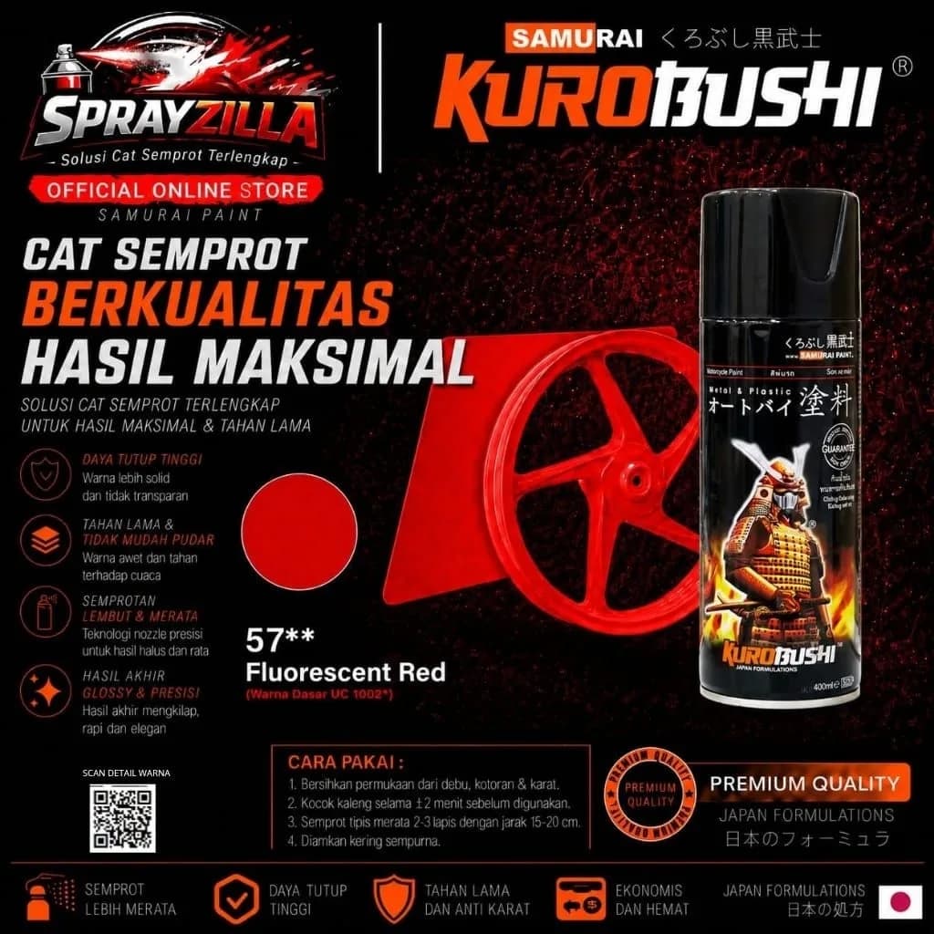 Samurai Paint Flourescent Red 57 Stabilo merah #57 Cat Aerosol Kualitas Kompresor