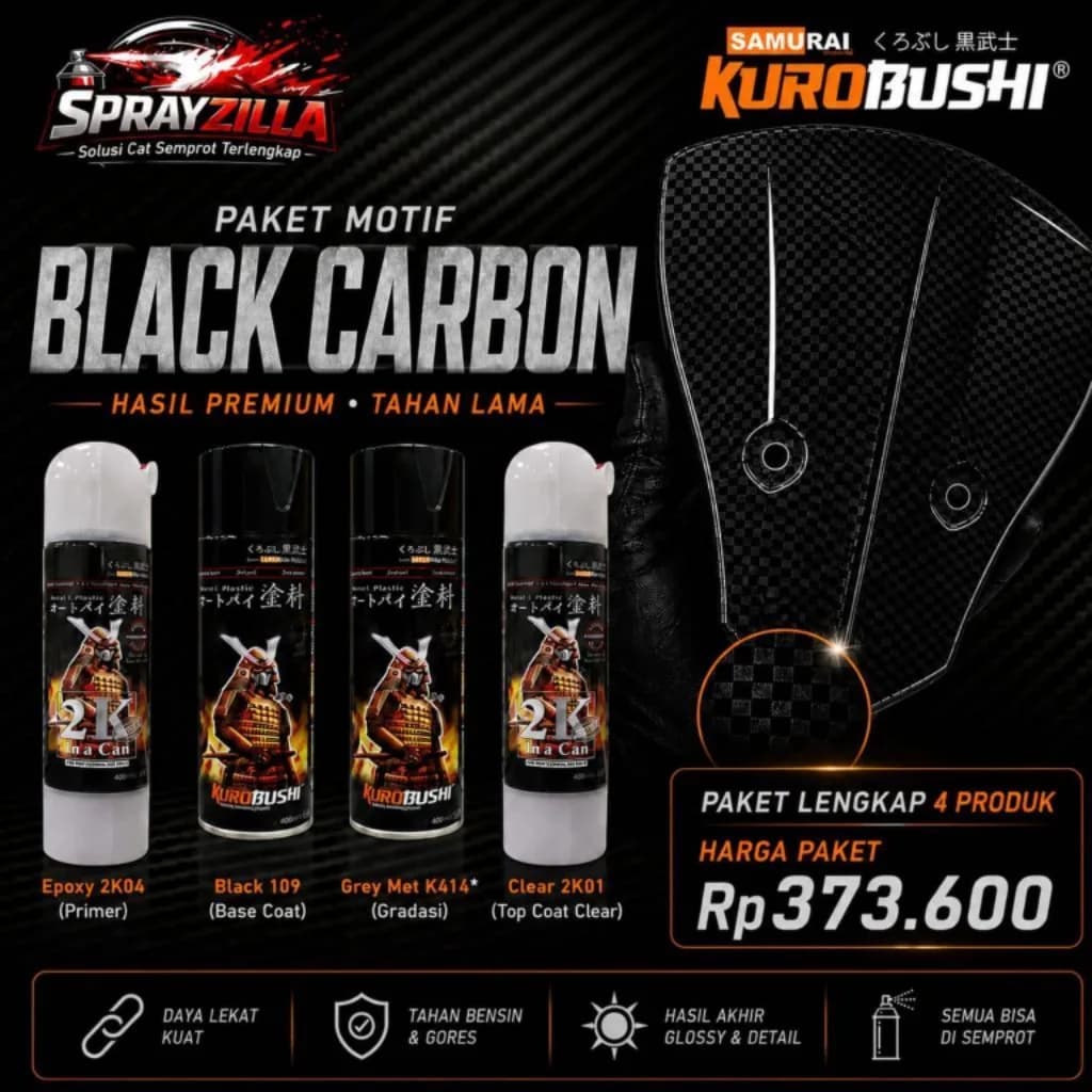 Paket Samurai Paint Kurobushi Black Carbon 4 Kaleng | Cat Semprot Motor Motif Carbon Glossy