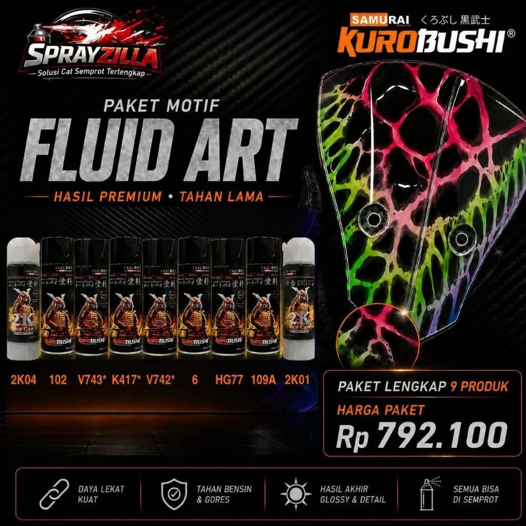 Paket Samurai Paint Kurobushi Fluid Art 9 Kaleng – Cat Semprot Motor Motif Custom Lengkap