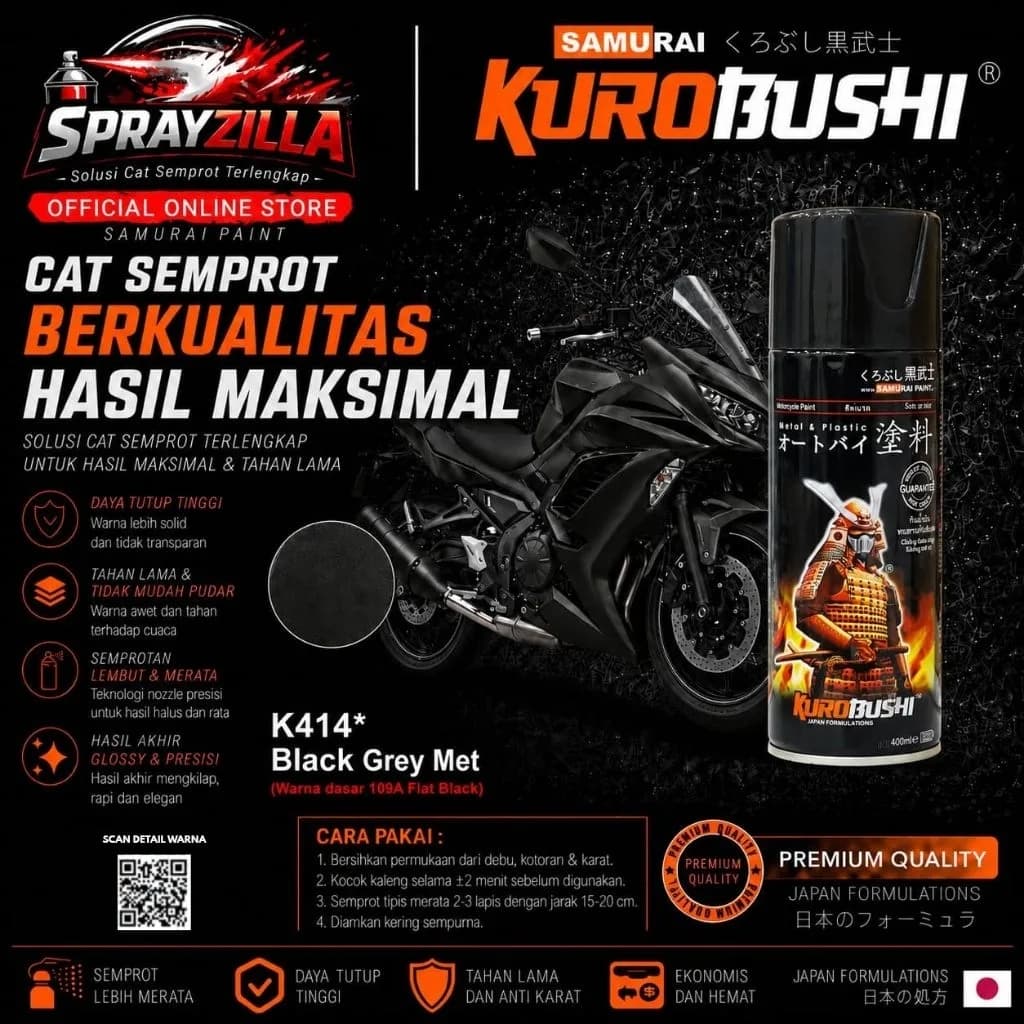 Samurai Paint Black Grey Met Kawasaki #K414 Cat Aerosol Kualitas Kompresor
